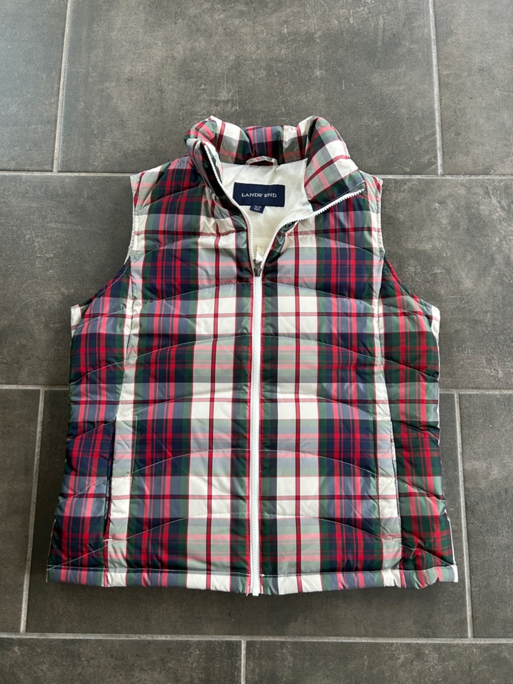Lands' End Red, Green, White Plaid Quilted Vest